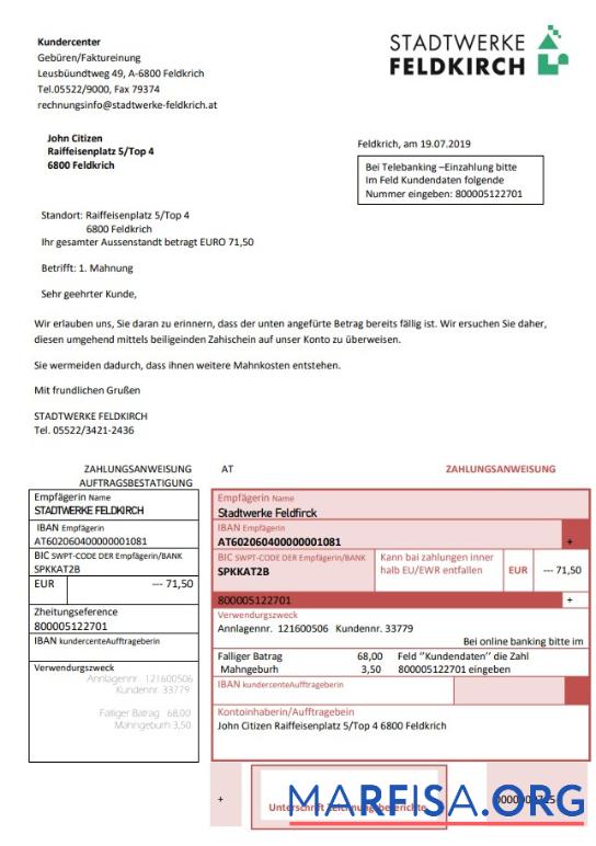 Blank Austria Stadtwerke Feldkirch utility bill download for verification